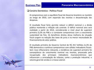 Business Plan                           Panorama Macroeconômico

  Cenário Doméstico - Política Fiscal
   O compromisso com o equilíbrio fiscal do Governo brasileiro se mantém
   ao longo de 2010, com expansão das receitas e desaceleração das
   despesas.

   O resultado fiscal forte permite reduzir o déficit nominal e a dívida
   pública mantendo a inflação sob controle. O déficit nominal zero será
   realidade a partir de 2014, considerando o nível atual de superávit
   primário (3,3% do PIB) e o constante compromisso com o crescimento
   sustentável do País. Os benefícios diretos dessa melhoria da situação
   fiscal surgem na redução das taxas de juros e na menor necessidade de
   financiamento do setor público.

   O resultado primário do Governo Central de R$ 29,7 bilhões (1,3% do
   PIB) demonstra o contínuo compromisso com sólidos indicadores fiscais.
   Sem risco inflacionário relevante, a tendência do superávit primário foi
   conseqüência do crescimento nominal nas receitas, provocado pela
   recuperação dos principais indicadores macroeconômicos que
   influenciam a arrecadação de tributos, como a produção industrial, o
   volume geral de vendas e a massa salarial.


                                                                       32
 