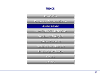 D e lo itte
                       ÍNDICE

                     Introdução
              Panorama Macroeconômico
                    Análise Setorial

              Breve Descrição do Negócio
                Premissas e Projeções
                  Taxa de Desconto
               Análise de Sensibilidade
                Resultados do Estudo
                       Parecer
                        Anexos


                                           37
 
