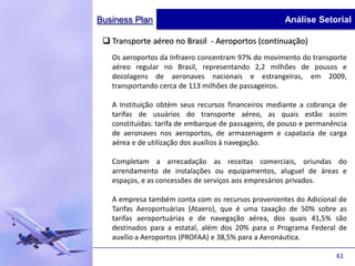 Business Plan                                         Análise Setorial

  Transporte aéreo no Brasil - Aeroportos (continuação)
   Os aeroportos da Infraero concentram 97% do movimento do transporte
   aéreo regular no Brasil, representando 2,2 milhões de pousos e
   decolagens de aeronaves nacionais e estrangeiras, em 2009,
   transportando cerca de 113 milhões de passageiros.

   A Instituição obtém seus recursos financeiros mediante a cobrança de
   tarifas de usuários do transporte aéreo, as quais estão assim
   constituídas: tarifa de embarque de passageiro, de pouso e permanência
   de aeronaves nos aeroportos, de armazenagem e capatazia de carga
   aérea e de utilização dos auxílios à navegação.

   Completam a arrecadação as receitas comerciais, oriundas do
   arrendamento de instalações ou equipamentos, aluguel de áreas e
   espaços, e as concessões de serviços aos empresários privados.

   A empresa também conta com os recursos provenientes do Adicional de
   Tarifas Aeroportuárias (Ataero), que é uma taxação de 50% sobre as
   tarifas aeroportuárias e de navegação aérea, dos quais 41,5% são
   destinados para a estatal, além dos 20% para o Programa Federal de
   auxílio a Aeroportos (PROFAA) e 38,5% para a Aeronáutica.

                                                                     61
 