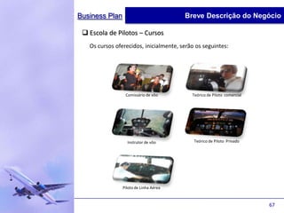 Business Plan                           Breve Descrição do Negócio

  Escola de Pilotos – Cursos
   Os cursos oferecidos, inicialmente, serão os seguintes:




                 Comissário de vôo         Teórico de Piloto comercial




                  Instrutor de vôo          Teórico de Piloto Privado




                Piloto de Linha Aérea



                                                                         67
 