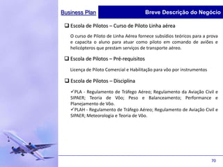 Business Plan                           Breve Descrição do Negócio

  Escola de Pilotos – Curso de Piloto Linha aérea
   O curso de Piloto de Linha Aérea fornece subsídios teóricos para a prova
   e capacita o aluno para atuar como piloto em comando de aviões e
   helicópteros que prestam serviços de transporte aéreo.

  Escola de Pilotos – Pré-requisitos
   Licença de Piloto Comercial e Habilitação para vôo por instrumentos

  Escola de Pilotos – Disciplina
   PLA - Regulamento de Tráfego Aéreo; Regulamento da Aviação Civil e
   SIPAER; Teoria de Vôo; Peso e Balanceamento; Performance e
   Planejamento de Vôo.
   PLAH - Regulamento de Tráfego Aéreo; Regulamento de Aviação Civil e
   SIPAER; Meteorologia e Teoria de Vôo.




                                                                         70
 