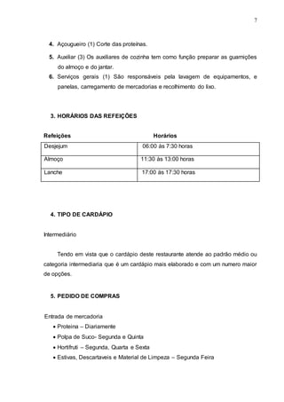 7
4. Açougueiro (1) Corte das proteínas.
5. Auxiliar (3) Os auxiliares de cozinha tem como função preparar as guarnições
do almoço e do jantar.
6. Serviços gerais (1) São responsáveis pela lavagem de equipamentos, e
panelas, carregamento de mercadorias e recolhimento do lixo.
3. HORÁRIOS DAS REFEIÇÕES
Refeições Horários
Desjejum 06:00 às 7:30 horas
Almoço 11:30 às 13:00 horas
Lanche 17:00 às 17:30 horas
4. TIPO DE CARDÁPIO
Intermediário
Tendo em vista que o cardápio deste restaurante atende ao padrão médio ou
categoria intermediaria que é um cardápio mais elaborado e com um numero maior
de opções.
5. PEDIDO DE COMPRAS
Entrada de mercadoria
 Proteina – Diariamente
 Polpa de Suco- Segunda e Quinta
 Hortifruti – Segunda, Quarta e Sexta
 Estivas, Descartaveis e Material de Limpeza – Segunda Feira
 