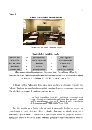 15

Figura 3.
                             Sala de aula durante o intervalo escolar.




                            (Foto retirada por André Fernandes Passos)


                               Quadro 1. Estrutura física escolar
 Salas de Aula         26       Sala de Direção           2         Quadra esportiva           1
   Biblioteca           1     Sala de Professores         2        Ginásio de Esportes         1
Sala TV e vídeo         2          Auditório              1           Laboratórios             1
   Secretarias          1           Cozinha               1               Xerox                1
 Almoxarifado       1         Sanitário Alunos         4         Sanitário Professores    4
      (Tabela quantitativa elaborada a partir do seguinte livro: Como elaborar o Plano de
Desenvolvimento da Escola; aumentando o desempenho da escola por meio do planejamento eficaz.
                 3ª ed. Brasília: FUNDESCOLA/DIPROFNDE/MESC, 2006. p. 52-53).


     O Projeto Político Pedagógico dessa escola busca satisfazer as exigências propostas pelo
Parâmetro Curricular de Santa Catarina, garantindo igualdade de acesso, permanência e sucesso da
Educação Básica. A proposta da escola caracteriza-se por ser:


                             Uma Escola de qualidade, democrática, participativa e comunitária, como
                             espaço cultural de socialização e desenvolvimento do/ a educando/a visando
                             também prepará-lo/a para o exercício da cidadania da prática e cumprimento
                             de direitos e deveres. (PPP EEB Getúlio Vargas, 2010)

     Para isto, acredita que a função social da escola é a promoção do aluno ao acesso e ao
conhecimento. A escola deve ser crítica e reflexiva, formando um cidadão consciente e
participativo, possibilitando à comunidade a consolidação mútua das propostas políticas e
pedagógicas através da Associação de Pais e Mestres, que contribuem espontaneamente, de acordo
 