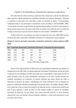 20

            Capítulo 3. Os Educandos/as: Características, interesses e expectativas.

       Para saber mais da cultura escolar que cada aluno trás consigo para a sala de aula elaboramos
alguns gráficos e tabelas quantitativos e qualitativas baseados nas seguintes afirmações: “Tudo que
se manifesta à consciência vale como dado e poder ser chamado de objeto. A fenomenologia
fundamenta todas as suas afirmações na experiência vivida (em dados).” (ALEXANDRE, 2009).
“As descrições dos alunos no questionário de respostas abertas podem ser emotivas, tanto quanto se
deseje que elas sejam assim, mas nunca serão certas ou erradas. Este critério de certo ou errado não
se aplica as descrições acerca do universo familiar dos entrevistados.” (MARTINS, 1989).

       A tabela abaixo faz um retrospecto dos alunos ao longo dos cinco anos (2005-2009) do total
de alunos aprovados, reprovados, transferidos, desistentes e o total geral dos alunos regulares.

Quadro 2. Lista de aprovados, reprovados, transferidos, desistentes e alunos regulares (2005-
2009)

Ano     Aprovados Reprovados Transferidos Desistentes        Total geral dos alunos regulares
2005       1506         443           214           495                     2706
2006       1519         448           277           574                     2793
2007       1345         410           260           337                     2346
2008       1391         186           222           266                     2069
2009       1335         201           174          194                      2439
                                  (Fonte: PPP Getúlio Vargas 2010)



       Talvez o mais impressionante na tabela acima seja a quantidade de repetentes que diminuiu na
transição do ano de 2007-2008, em função progressão continuada. Os professores da rede de ensino
se queixam das recomendações do MEC que insiste que se interrompam as reprovações nos três ou
quatro primeiros ciclos do ensino fundamental e prossigam no ano letivo seguinte mesmo com
resultado insatisfatório nas avaliações. As queixas salientam que muitos alunos não estão se
dedicando ao processo de ensino e aprendizagem de forma colaborativa com as intenções do
proposto e acabam por dificultar a aprendizagem dos demais alunos. Tal medida, segundo o MEC,
tem o caráter de evitar as evasões dos estudantes do ambiente escolar e a tabela acima confirma que
para os anos seguintes, a partir de 2007, há uma redução também no numero de estudantes
desistentes da matrícula. Ao que parece, estes alunos precisam assimilar as novas diretrizes
educacionais como seus direitos e deveres enquanto estudantes, e sendo assim permanecer ou não
no mesmo ciclo escolar.
 