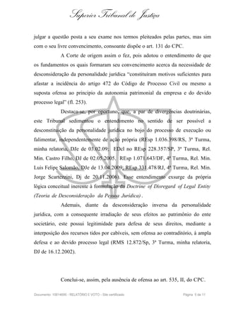 Superior Tribunal de Justiça
julgar a questão posta a seu exame nos termos pleiteados pelas partes, mas sim
com o seu livre convencimento, consoante dispõe o art. 131 do CPC.
                A Corte de origem assim o fez, pois adotou o entendimento de que
os fundamentos os quais formaram seu convencimento acerca da necessidade de
desconsideração da personalidade jurídica “constituíram motivos suficientes para
afastar a incidência do artigo 472 do Código de Processo Civil ou mesmo a
suposta ofensa ao principio da autonomia patrimonial da empresa e do devido
processo legal” (fl. 253).
                Destaca-se, por oportuno, que, a par de divergências doutrinárias,
este Tribunal sedimentou o entendimento no sentido de ser possível a
desconstituição da personalidade jurídica no bojo do processo de execução ou
falimentar, independentemente de ação própria (REsp 1.036.398/RS, 3ª Turma,
minha relatoria, DJe de 03.02.09; EDcl no REsp 228.357/SP, 3ª Turma, Rel.
Min. Castro Filho, DJ de 02.05.2005. REsp 1.071.643/DF, 4ª Turma, Rel. Min.
Luis Felipe Salomão, DJe de 13.04.2009; REsp 331.478/RJ, 4ª Turma, Rel. Min.
Jorge Scartezzini, Dj de 20.11.2006). Esse entendimento exsurge da própria
lógica conceitual inerente à formulação da Doctrine of Disregard of Legal Entity
(Teoria de Desconsideração da Pessoa Jurídica) .
                Ademais, diante da desconsideração inversa da personalidade
jurídica, com a consequente irradiação de seus efeitos ao patrimônio do ente
societário, este possui legitimidade para defesa de seus direitos, mediante a
interposição dos recursos tidos por cabíveis, sem ofensa ao contraditório, à ampla
defesa e ao devido processo legal (RMS 12.872/Sp, 3ª Turma, minha relatoria,
DJ de 16.12.2002).




                Conclui-se, assim, pela ausência de ofensa ao art. 535, II, do CPC.

Documento: 10814695 - RELATÓRIO E VOTO - Site certificado               Página 5 de 11
 