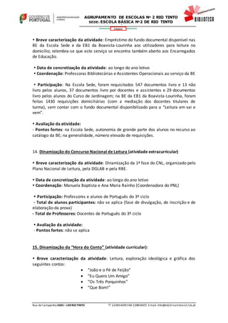 Rua de Campainha 4435–140RIOTINTO  224854070 FAX 224854072 E-mail: info@eb23-rio-tinto-n2.rcts.pt
346664
AGRUPAMENTO DE ESCOLAS Nº 2 RIO TINTO
SEDE: ESCOLA BÁSICA Nº2 DE RIO TINTO
SEDE: ESCOLA BÁSICA DE RIO TINTO Nº 2
 Breve caracterização da atividade: Empréstimo do fundo documental disponível nas
BE da Escola Sede e da EB1 da Boavista-Lourinha aos utilizadores para leitura no
domicílio; relembra-se que este serviço se encontra também aberto aos Encarregados
de Educação.
 Data de concretização da atividade: ao longo do ano letivo
 Coordenação: Professoras Bibliotecárias e Assistentes Operacionais ao serviço da BE
 Participação: Na Escola Sede, foram requisitados 547 documentos livro e 13 não
livro pelos alunos, 37 documentos livro por docentes e assistentes e 29 documentos
livro pelos alunos do Curso de Jardinagem; na BE da EB1 da Boavista-Lourinha, foram
feitas 1430 requisições domiciliárias (com a mediação dos docentes titulares de
turma), sem contar com o fundo documental disponibilizado para a “Leitura em vai e
vem”.
 Avaliação da atividade:
- Pontos fortes: na Escola Sede, autonomia de grande parte dos alunos no recurso ao
catálogo da BE; na generalidade, número elevado de requisições.
14. Dinamização do Concurso Nacional de Leitura (atividade extracurricular)
 Breve caracterização da atividade: Dinamização da 1ª fase do CNL, organizado pelo
Plano Nacional de Leitura, pela DGLAB e pela RBE.
 Data de concretização da atividade: ao longo do ano letivo
 Coordenação: Manuela Baptista e Ana Maria Raínho (Coordenadora do PNL)
 Participação: Professores e alunos de Português do 3º ciclo
- Total de alunos participantes: não se aplica (fase de divulgação, de inscrição e de
elaboração da prova)
- Total de Professores: Docentes de Português do 3º ciclo
 Avaliação da atividade:
- Pontos fortes: não se aplica
15. Dinamização da “Hora do Conto” (atividade curricular):
 Breve caracterização da atividade: Leitura, exploração ideológica e gráfica dos
seguintes contos:
 “João e o Pé de Feijão”
 “Eu Quero Um Amigo”
 “Os Três Porquinhos”
 “Que Bom!”
 