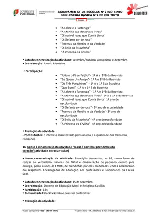 Rua de Campainha 4435–140RIOTINTO  224854070 FAX 224854072 E-mail: info@eb23-rio-tinto-n2.rcts.pt
346664
AGRUPAMENTO DE ESCOLAS Nº 2 RIO TINTO
SEDE: ESCOLA BÁSICA Nº2 DE RIO TINTO
SEDE: ESCOLA BÁSICA DE RIO TINTO Nº 2
 “A Lebre e a Tartaruga”
 “A Menina que detestava livros”
 “O Incrível rapaz que Comia Livros”
 “O Elefante cor-de-rosa”
 “Poemas da Mentira e da Verdade”
 “O Beijo da Palavrinha”
 “A Princesa e a Ervilha”
 Data de concretização da atividade: setembro/outubro /novembro e dezembro
 Coordenação: Amélia Monteiro
 Participação:
 “João e o Pé de Feijão”- 1º A e 1º B da Boavista
 “Eu Quero Um Amigo”- 1º A e 1º B da Boavista
 “Os Três Porquinhos” - 1º A e 1º B da Boavista
 “Que Bom!” - 1º A e 1º B da Boavista
 “A Lebre e a Tartaruga” - 1º A e 1º B da Boavista
 “A Menina que detestava livros”- 1º A e 1º B da Boavista
 “O Incrível rapaz que Comia Livros” 1º ano de
escolaridade
 “O Elefante cor-de-rosa”- 2º ano de escolaridade
 “Poemas da Mentira e da Verdade”- 3º ano de
escolaridade
 “O Beijo da Palavrinha”- 4º ano de escolaridade
 “A Princesa e a Ervilha”- 4º ano de escolaridade
 Avaliação da atividade:
- Pontos fortes: o interesse manifestado pelos alunos e a qualidade dos trabalhos
realizados.
16. Apoio à dinamização da atividade “Natal é partilha: prendinhas do
coração”(atividade extracurricular)
 Breve caracterização da atividade: Exposição decorativa, na BE, como forma de
realçar os verdadeiros valores do Natal e dinamização de pequeno evento para
entrega, pelos alunos de EMRC, de prendinhas por eles elaboradas, com a colaboração
dos respetivos Encarregados de Educação, aos professores e funcionários da Escola
Sede.
 Data de concretização da atividade: 15 de dezembro
 Coordenação: Docente de Educação Moral e Religiosa Católica
 Participação: 144
 Comunidade Educativa: Não é possível contabilizar
 Avaliação da atividade:
 