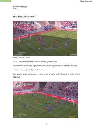 Relatório de Equipa
Fc Porto
7
7 Época 2015-2016
BPO-Canto (Posicionamentos)
Tello a cobrar o canto
Ataca com sete jogadores, quatro deles na grande área.
Inicialmente 2ºposte sem jogador fixo, mas um dos jogadores que está fora da área
vai aparecer/surgir ao 2ºposte (Evandro)
Um jogador para aparecer em movimentos a canto curto (Brahimi) e André Andre
(2ºbolas)
 