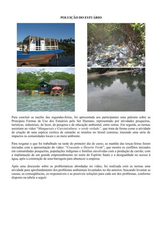 POLUIÇÃO DO ESTUÁRIO
Para concluir as tarefas das segundas-feiras, foi apresentada aos participantes uma palestra sobre as
Principais Formas de Uso dos Estuários pelo Ser Humano, representado por atividades pesqueiras,
turísticas, industriais, de lazer, de pesquisa e de educação ambiental, entre outras. Em seguida, as turmas
assistiam ao vídeo “Manguezais e Carcinicultura: o verde violado”, que trata da forma como a atividade
de criação de uma espécie exótica de camarão se instalou no litoral cearense, trazendo uma série de
impactos às comunidades locais e ao meio ambiente.
Para resgatar o que foi trabalhado na tarde do primeiro dia de curso, as manhãs das terças-feiras foram
iniciadas com a apresentação do vídeo: “Cruzando o Deserto Verde”, que mostra os conflitos iniciados
em comunidades pesqueiras, populações indígenas e famílias envolvidas com a produção de carvão, com
a implantação de um grande empreendimento no norte do Espírito Santo e a desigualdade no acesso à
água, após a construção de uma barragem para abastecer a empresa.
Após uma discussão sobre as problemáticas abordadas no vídeo, foi realizada com as turmas uma
atividade para aprofundamento dos problemas ambientais levantados no dia anterior, buscando levantar as
causas, as conseqüências, os responsáveis e as possíveis soluções para cada um dos problemas, conforme
disposto na tabela a seguir:
 