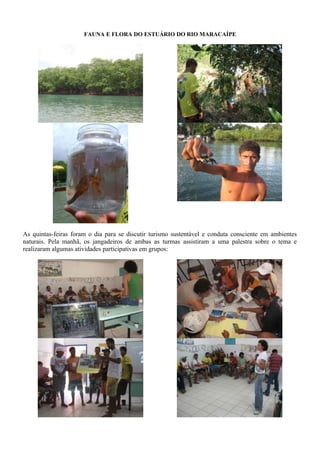 FAUNA E FLORA DO ESTUÁRIO DO RIO MARACAÍPE
As quintas-feiras foram o dia para se discutir turismo sustentável e conduta consciente em ambientes
naturais. Pela manhã, os jangadeiros de ambas as turmas assistiram a uma palestra sobre o tema e
realizaram algumas atividades participativas em grupos:
 