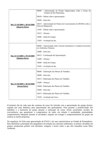 Dia 21/10/2009 e 28/10/2009
(Quarta-feira)
08h00 – Apresentação do Projeto Hippocampus sobre a Fauna do
Estuário do Rio Maracaípe;
09h30 – Debate sobre a apresentação;
10h00 – Intervalo;
10h15 – Apresentação do Núcleo de Licenciamento do IBAMA sobre a
Flora do Manguezal;
11h45 – Debate sobre a apresentação;
12h15 – Almoço;
14h00 – Saída de Campo;
17h45 – Avaliação do dia.
Dia 22/12/2009 e 29/10/2009
(Quinta-feira)
08h00 – Apresentação sobre Turismo Sustentável e Conduta Consciente
em Ambientes Naturais;
10h00 – Intervalo;
10h15 – Continuação da Apresentação;
12h00 – Almoço;
14h00 – Saída de Campo;
17h45 – Avaliação do dia.
Dia 23/10/2009 e 30/10/2009
(Sexta-feira)
08h00 – Elaboração dos Planos de Trabalho;
10h00 – Intervalo;
10h15 - Elaboração dos Planos de Trabalho;
12h00 – Almoço;
14h00 - Elaboração dos Planos de Trabalho;
16h00 – Intervalo;
16h15 - Elaboração dos Planos de Trabalho;
17h30 – Avaliação do Curso.
O primeiro dia de cada uma das semanas de curso foi iniciado com a apresentação da equipe técnica,
seguido por uma dinâmica para apresentação dos participantes. Para garantir a produtividade dos
trabalhos e a harmonia do grupo durante a realização do curso, foram construídos acordos de
conveniência, que garantiram o compromisso de todos em relação à assiduidade, pontualidade,
comportamento adequado durante as atividades, respeito aos colegas e comprometimento do grupo em
realizar as tarefas propostas.
Na sequência, foi feita uma apresentação do PAAV e de suas características no Estado de Pernambuco.
Para identificar a percepção dos jangadeiros em relação aos conceitos ambientais, as turmas, divididas em
grupos, produziram painéis com desenhos, colagens e textos sobre o que eles entendem como Meio
Ambiente.
 