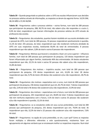 12
Tabela 29 – Quando perguntado se palestras sobre a UFFS nas escolas influenciaram suas decisões
no processo seletivo através de informações, as respostas se deram da seguinte forma: 14,5% SIM,
48,1% NÃO e 37,4% NS/NR.
Tabela 30 - Perguntamos: sobre o processo seletivo – outras formas, num total de 289 pessoas
que participaram da pesquisa, 288, 99,7% do total, não sabem e/ou não respondeu e a outra 1,
0,3% do total, responderam que tiveram informações do processo seletivo da UFFS através de
professores das escolas.
Tabela 31 – Perguntamos: dos estudantes, quantos haviam recebido em sua escola atividades com
o pessoal da UFFS, num total de 289 pessoas, 32 pessoas responderam positivamente à questão,
11,1% do total. 241 pessoas, do total, responderam que não receberam nenhuma atividade da
UFFS em suas respectivas escolas, totalizando 83,4% do total de entrevistados. 8 pessoas
responderam que não sabiam, 2,8% do total e outras 8 pessoas não responderam.
Tabela 32 – Perguntamos: Motivos que levaram o estudante a fazer um curso superior – influencia
familiar, num total de 289 pessoas que participaram da pesquisa, 133 destas responderam que
foram influenciados por algum familiar, totalizando 46% dos entrevistados. 64 destes estudantes
responderam que não, 22,1% do total e outras 92 pessoas não sabem e/ou não responderam,
31,8% do total.
Tabela 33 – Perguntamos: dos motivos – trajetória escolar, num total de 289 pessoas que
participaram da pesquisa, 178 destas responderam que sim, 61,6% do total. 28 destas
responderam que não, 9,7% do total e 83 destas não souberam e/ou não responderam, 28,7% do
total.
Tabela 34 – Perguntamos: dos motivos –expectativa com o curso, num total de 289 pessoas que
participaram da pesquisa, 236 destas responderam que sim, 81,7% do total. 7 destas responderam
que não, 2,4% do total e 46 destas não souberam e/ou não responderam, 15,9% do total.
Tabela 35 – Perguntamos: dos motivos – expectativas com o futuro, num total de 289 pessoas que
participaram da pesquisa, 245 responderam que sim, 84,8% do total. 9 destas responderam que
não tem nenhuma expectativa com o futuro, 3.1% do total e outras 35 pessoas não souberam
e/ou não responderam à questão, 12,1% do total.
Tabela 36 – Perguntamos: se os estudantes estão em seus cursos pretendidos, num total de 289
pessoas que participaram da pesquisa, 231 destas responderam que sim, 79,9% do total. 36
responderam que não, 12,5% do total e 22 pessoas não souberam e/ou não responderam, 7,6%
do total.
Tabela 37 – Perguntamos: na opção de curso pretendido, se sim, o por quê? Como as respostas
foram múltiplas e diferentes referentes a este questionamento, resolvemos fazer um
agrupamento em algumas variáveis que se encaixavam melhor as respectivas respostas. Num total
 