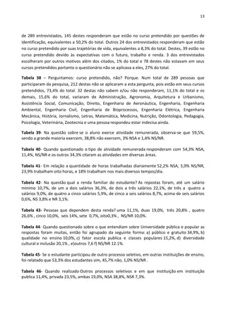 13
de 289 entrevistados, 145 destes responderam que estão no curso pretendido por questões de
identificação, equivalentes a 50,2% do total. Outros 24 dos entrevistados responderam que estão
no curso pretendido por suas trajetórias de vida, equivalentes a 8,3% do total. Destes, 39 estão no
curso pretendido devido às expectativas com o futuro, trabalho e renda. 3 dos entrevistados
escolheram por outros motivos além dos citados, 1% do total e 78 destes não estavam em seus
cursos pretendidos portanto o questionário não se aplicava a eles, 27% do total.
Tabela 38 – Perguntamos: curso pretendido, não? Porque. Num total de 289 pessoas que
participaram da pesquisa, 212 destas não se aplicaram a esta pergunta, pois estão em seus cursos
pretendidos, 73,4% do total. 32 destas não sabem e/ou não responderam, 11,1% do total e os
demais, 15,6% do total, variaram de Administração, Agronomia, Arquitetura e Urbanismo,
Assistência Social, Comunicação, Direito, Engenharia de Aeronáutica, Engenharia, Engenharia
Ambiental, Engenharia Civil, Engenharia de Bioprocessos, Engenharia Elétrica, Engenharia
Mecânica, História, Jornalismo, Letras, Matemática, Medicina, Nutrição, Odontologia, Pedagogia,
Psicologia, Veterinária, Zootecnia e uma pessoa respondeu estar indecisa ainda.
Tabela 39- Na questão sobre se o aluno exerce atividade remunerada, observa-se que 59,5%,
sendo a grande maioria exercem, 38,8% não exercem, 3% NSA e 1,4% NS/NR.
Tabela 40- Quando questionado o tipo de atividade remunerada responderam com 54,3% NSA,
11,4%, NS/NR e os outros 34,3% citaram as atividades em diversas áreas.
Tabela 41- Em relação a quantidade de horas trabalhadas diariamente 52,2% NSA, 5,9% NS/NR,
23,9% trabalham oito horas, e 18% trabalham nos mais diversos tempos/dia.
Tabela 42- Na questão qual a renda familiar do estudante? As repostas foram, até um salário
mínimo 10,7%, de um a dois salários 36,3%, de dois a três salários 22,1%, de três a quatro a
salários 9,0%, de quatro a cinco salários 5,9%, de cinco a seis salários 8,7%, acima de seis salários
0,6%, NS 3,8% e NR 3,1%.
Tabela 43- Pessoas que dependem desta renda? uma 11,1%, duas 19,0%, três 20,8% , quatro
26,6% , cinco 10,0%, seis 14%, sete 0,7%, oito0,3% , NS/NR 10,0%.
Tabela 44- Quando questionado sobre o que entendiam sobre Universidade pública e popular as
respostas foram muitas, então foi agrupado da seguinte forma: a) público e gratuito 34,9%, b)
qualidade no ensino 10,0%, c) fator escola publica e classes populares 15,2%, d) diversidade
cultural e inclusão 20,1% , e)outros 7,6 f) NS/NR 12.1%.
Tabela 45- Se o estudante participou de outro processo seletivo, em outras instituições de ensino,
foi relatado que 53,3% dos estudantes sim, 45,7% não, 1,0% NS/NR .
Tabela 46- Quando realizado Outros processos seletivos e em que instituição em instituição
publica 11,4%, privada 23,5%, ambas 19,0%, NSA 38,8%, NSR 7,3%.
 