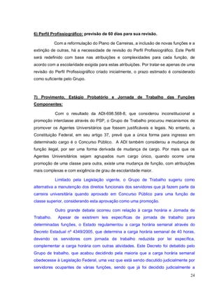 6) Perfil Profissiográfico: previsão de 60 dias para sua revisão.

            Com a reformulação do Plano de Carreiras, a inclusão de novas funções e a
extinção de outras, há a necessidade de revisão do Perfil Profissiográfico. Este Perfil
será redefinido com base nas atribuições e complexidades para cada função, de
acordo com a escolaridade exigida para estas atribuições. Por tratar-se apenas de uma
revisão do Perfil Profissiográfico criado inicialmente, o prazo estimado é considerado
como suficiente pelo Grupo.



7) Provimento, Estágio Probatório e Jornada de Trabalho das Funções
Componentes:

            Com o resultado da ADI-698.568-8, que considerou inconstitucional a
promoção interclasse através do PSP, o Grupo de Trabalho procurou mecanismos de
promover os Agentes Universitários que fossem justificáveis e legais. No entanto, a
Constituição Federal, em seu artigo 37, prevê que a única forma para ingresso em
determinado cargo é o Concurso Público. A ADI também considerou a mudança de
função ilegal, por ser uma forma derivada de mudança de cargo. Por mais que os
Agentes Universitários sejam agrupados num cargo único, quando ocorre uma
promoção de uma classe para outra, existe uma mudança de função, com atribuições
mais complexas e com exigência de grau de escolaridade maior.

            Limitado pela Legislação vigente, o Grupo de Trabalho sugeriu como
alternativa a manutenção dos direitos funcionais dos servidores que já fazem parte da
carreira universitária quando aprovado em Concurso Público para uma função de
classe superior, considerando esta aprovação como uma promoção.

            Outro grande debate ocorreu com relação à carga horária e Jornada de
Trabalho.    Apesar de existirem leis específicas de jornada de trabalho para
determinadas funções, o Estado regulamentou a carga horária semanal através do
Decreto Estadual nº 4349/2005, que determina a carga horária semanal de 40 horas,
devendo os servidores com jornada de trabalho reduzida por lei específica,
complementar a carga horária com outras atividades. Este Decreto foi debatido pelo
Grupo de trabalho, que acabou decidindo pela maioria que a carga horária semanal
obedecesse à Legislação Federal, uma vez que está sendo discutido judicialmente por
servidores ocupantes de várias funções, sendo que já foi decidido judicialmente a
                                                                                    24
 