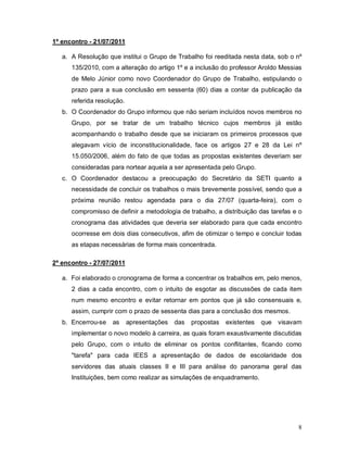 1º encontro - 21/07/2011

   a. A Resolução que institui o Grupo de Trabalho foi reeditada nesta data, sob o nº
      135/2010, com a alteração do artigo 1º e a inclusão do professor Aroldo Messias
      de Melo Júnior como novo Coordenador do Grupo de Trabalho, estipulando o
      prazo para a sua conclusão em sessenta (60) dias a contar da publicação da
      referida resolução.
   b. O Coordenador do Grupo informou que não seriam incluídos novos membros no
      Grupo, por se tratar de um trabalho técnico cujos membros já estão
      acompanhando o trabalho desde que se iniciaram os primeiros processos que
      alegavam vício de inconstitucionalidade, face os artigos 27 e 28 da Lei nº
      15.050/2006, além do fato de que todas as propostas existentes deveriam ser
      consideradas para nortear aquela a ser apresentada pelo Grupo.
   c. O Coordenador destacou a preocupação do Secretário da SETI quanto a
      necessidade de concluir os trabalhos o mais brevemente possível, sendo que a
      próxima reunião restou agendada para o dia 27/07 (quarta-feira), com o
      compromisso de definir a metodologia de trabalho, a distribuição das tarefas e o
      cronograma das atividades que deveria ser elaborado para que cada encontro
      ocorresse em dois dias consecutivos, afim de otimizar o tempo e concluir todas
      as etapas necessárias de forma mais concentrada.

2º encontro - 27/07/2011

   a. Foi elaborado o cronograma de forma a concentrar os trabalhos em, pelo menos,
      2 dias a cada encontro, com o intuito de esgotar as discussões de cada item
      num mesmo encontro e evitar retornar em pontos que já são consensuais e,
      assim, cumprir com o prazo de sessenta dias para a conclusão dos mesmos.
   b. Encerrou-se   as      apresentações   das   propostas   existentes   que visavam
      implementar o novo modelo à carreira, as quais foram exaustivamente discutidas
      pelo Grupo, com o intuito de eliminar os pontos conflitantes, ficando como
      "tarefa" para cada IEES a apresentação de dados de escolaridade dos
      servidores das atuais classes II e III para análise do panorama geral das
      Instituições, bem como realizar as simulações de enquadramento.




                                                                                     8
 