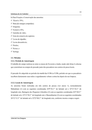 14
Ictiofauna do rio Umbelúzi

b) Para Fixação e Conservação das amostras:
 Álcool a 70%;
 Bata (de mangas compridas);
 Etiquetas;
 Formol a 10%;
 Garrafas de vidro;
 Guia de conserva de espécies;
 Luvas de algodão;
 Luvas descartáveis;
 Óculos;
 Peixes; e
 Seringa.


3.3. Métodos
3.3.1. Período de Amostragem
O trabalho de campo realizou-se entre os meses de Fevereiro a Junho, tendo sido feitas 6 colectas
que consistiram na compra do pescado junto dos pescadores nos centros de pesca locais.


O pescado foi adquirido no período da manhã das 8:30h às 9:30h, período em que os pescadores
recolhem diariamente suas redes e seguidamente voltam a arma-las depois da sua limpeza.


3.3.2. Locais de Amostragem
As amostras foram realizadas em três centros de pescas (ver anexo 1), nomeadamente
Mahanhane (1) com as seguintes coordenadas 26º9’36.3’’ de latitude sul e 32º12’18.2’’ de
longitude este, Barragem dos Pequenos Libombos (2) com as seguintes coordenadas 26º5’40.5’’
de latitude sul e 32º13’50.2’’ de longitude este e Mazambanine (3) com as seguintes coordenadas
26º12’13.5’’ de latitude sul e 32º23’00.3’’ de longitude este, conforme mostra o mapa a seguir.




Arão da Cruz Zunguza
 