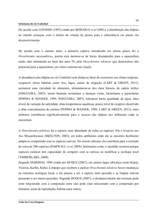 34
Ictiofauna do rio Umbelúzi

De acordo com LOVSHIN (1997) citado por BOSCOLO et al (2001), a distribuição das tilápias
no mundo começou com o intuito da criação de peixes para a subsistência em países em
desenvolvimento.


De acordo com o mesmo autor, a primeira espécie introduzida em outros países foi a
Oreochromis mossambicus, porém esta mostrou-se de baixo desempenho para a aquacultura
tendo sido substituída no final dos anos 70, pela Oreochromis niloticus que demonstrou alto
potencial para a aquacultura, em vários sistemas de criação.


A abundância das tilápias no rio Umbelúzi está aliada ao facto de ocorrerem em climas tropicais,
ocuparem vários habitats como rios, lagos, canais de irrigação (LART & GREEN, 2011),
aceitarem uma variedade de alimentos, alimentarem-se dos itens básicos da cadeia trófica
(NOGUEIRA, 2007), serem bastante resistentes a doenças virais, bacterianas e parasitárias
(POPMA & MASSER, 1999; NOGUEIRA, 2007), tolerarem baixa qualidade de água, altos
níveis de variação de salinidade, altas temperaturas aquáticas, pouco nível de oxigénio dissolvido
e altas concentrações de amónia (POPMA & MASSER, 1999; LART & GREEN, 2011), estes
atributos contribuem significativamente para o sucesso das tilápias nos ambientes onde se
encontram.


A Oreochromis niloticus foi a espécie mais abundante de todas as espécies. Ela é invasiva nos
rios Moçambicanos (SKELTON, 2003), em todos ambientes onde ela se encontra facilmente
adapta-se competindo com as espécies nativas. No oriente africano ela contribuiu para a extinção
de cerca de 200 espécies (DARWALL et al, 2005), fenómenos como o sucedido ocorrem porque
espécies exóticas tem capacidade de competir com as nativas ou modificar a ecologia local
(TIMBERLAKE, 2000).
Segundo MARSHAL 1994 citado por BUQUE (2007), em muitos lagos africanos como Kainji,
Victoria, Kariba, Kafue, Limpopo que recebem a espécie Oreochromis niloticus houve mudanças
na estrutura ecológica local, e ela passou a ser a espécie mais pescada e as tilapias nativas
passaram a ser menos pescadas. Segundo BUQUE (2007), o desaparecimento das mesmas pode
estar relacionado com a competição entre elas pode estar relacionado com a competição por
alimento, áreas de reprodução, habitat entre outros.



Arão da Cruz Zunguza
 