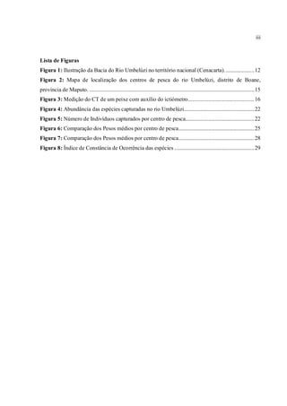 iii



Lista de Figuras
Figura 1: Ilustração da Bacia do Rio Umbelúzi no território nacional (Cenacarta). ..................... 12
Figura 2: Mapa de localização dos centros de pesca do rio Umbelúzi, distrito de Boane,
província de Maputo. .......................................................................................................................... 15
Figura 3: Medição do CT de um peixe com auxílio do ictiómetro ................................................. 16
Figura 4: Abundância das espécies capturadas no rio Umbelúzi.................................................... 22
Figura 5: Número de Indivíduos capturados por centro de pesca................................................... 22
Figura 6: Comparação dos Pesos médios por centro de pesca........................................................ 25
Figura 7: Comparação dos Pesos médios por centro de pesca........................................................ 28
Figura 8: Índice de Constância de Ocorrência das espécies ........................................................... 29
 