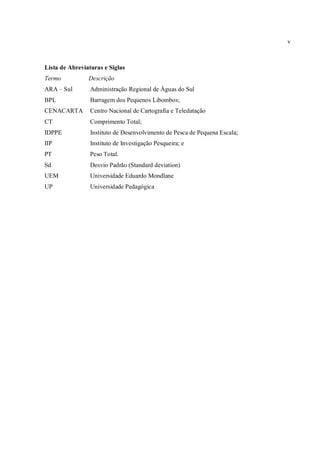 v



Lista de Abreviaturas e Siglas
Termo           Descrição
ARA – Sul        Administração Regional de Águas do Sul
BPL              Barragem dos Pequenos Libombos;
CENACARTA        Centro Nacional de Cartografia e Teledatação
CT               Comprimento Total;
IDPPE            Instituto de Desenvolvimento de Pesca de Pequena Escala;
IIP              Instituto de Investigação Pesqueira; e
PT               Peso Total.
Sd               Desvio Padrão (Standard deviation)
UEM              Universidade Eduardo Mondlane
UP               Universidade Pedagógica
 