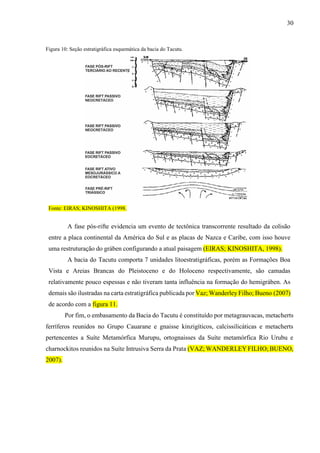 30
Figura 10: Seção estratigráfica esquemática da bacia do Tacutu.
Fonte: EIRAS; KINOSHITA (1998.
A fase pós-rifte evidencia um evento de tectônica transcorrente resultado da colisão
entre a placa continental da América do Sul e as placas de Nazca e Caribe, com isso houve
uma restruturação do gráben configurando a atual paisagem (EIRAS; KINOSHITA, 1998).
A bacia do Tacutu comporta 7 unidades litoestratigráficas, porém as Formações Boa
Vista e Areias Brancas do Pleistoceno e do Holoceno respectivamente, são camadas
relativamente pouco espessas e não tiveram tanta influência na formação do hemigráben. As
demais são ilustradas na carta estratigráfica publicada por Vaz; Wanderley Filho; Bueno (2007)
de acordo com a figura 11.
Por fim, o embasamento da Bacia do Tacutu é constituído por metagrauvacas, metacherts
ferríferos reunidos no Grupo Cauarane e gnaisse kinzigíticos, calcissilicáticas e metacherts
pertencentes a Suíte Metamórfica Murupu, ortognaisses da Suíte metamórfica Rio Urubu e
charnockitos reunidos na Suíte Intrusiva Serra da Prata (VAZ; WANDERLEY FILHO; BUENO,
2007).
 