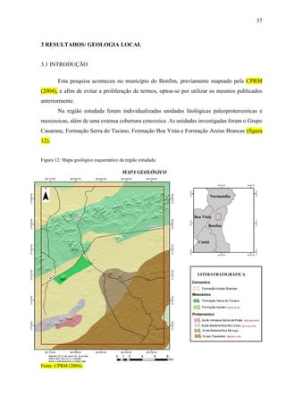 37
3 RESULTADOS/ GEOLOGIA LOCAL
3.1 INTRODUÇÃO
Esta pesquisa aconteceu no município do Bonfim, previamente mapeado pela CPRM
(2004), e afim de evitar a proliferação de termos, optou-se por utilizar os mesmos publicados
anteriormente.
Na região estudada foram individualizadas unidades litológicas paleoproterozoicas e
mesozoicas, além de uma extensa cobertura cenozoica. As unidades investigadas foram o Grupo
Cauarane, Formação Serra do Tucano, Formação Boa Vista e Formação Areias Brancas (figura
12).
Figura 12: Mapa geológico esquemático da região estudada.
Fonte: CPRM (2004).
 