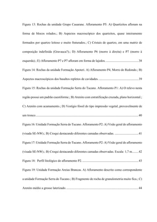 Figura 13: Rochas da unidade Grupo Cauarane. Afloramento P5: A) Quartizitos afloram na
forma de blocos rolados.; B) Aspectos macroscópico dos quartzitos, quase inteiramente
formados por quartzo leitoso e muito fraturados.; C) Cristais de quartzo, em uma matriz de
composição indefinida (Gravauca?).; D) Afloramento P6 (morro à direita) e P7 (morro à
esquerda).; E) Afloramento P7 e P7 afloram em forma de lajedos. .........................................38
Figura 14: Rochas da unidade Formação Apoteri. A) Afloramento P4, Morro do Redondo.; B)
Aspectos macroscópicos dos basaltos repletos de cavidades. ..................................................39
Figura 15: Rochas da unidade Formação Serra do Tucano. Afloramento P1: A) O relevo nesta
região possui um padrão cuestiforme.; B) Arenito com estratificação cruzada, plano horizontal.;
C) Arenito com acamamento.; D) Vestígio fóssil do tipo impressão vegetal, provavelmente de
um tronco..................................................................................................................................40
Figura 16: Unidade Formação Serra do Tucano. Afloramento P2: A) Visão geral do afloramento
(visada SE-NW).; B) Croqui destacando diferentes camadas observadas. ..............................41
Figura 17: Unidade Formação Serra do Tucano. Afloramento P2: A) Visão geral do afloramento
(visada SE-NW).; B) Croqui destacando diferentes camadas observadas. Escala: 1,7 m........42
Figura 18: Perfil litológico do afloramento P2........................................................................43
Figura 19: Unidade Formação Areias Brancas. A) Afloramento descrito como correspondente
a unidade Formação Serra do Tucano.; B) Fragmento de rocha de granulometria muito fica.; C)
Arenito médio a grosso laterizado............................................................................................44
 