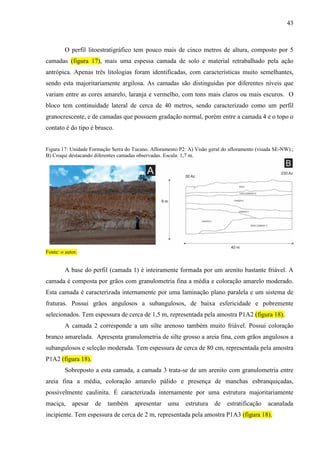 43
O perfil litoestratigráfico tem pouco mais de cinco metros de altura, composto por 5
camadas (figura 17), mais uma espessa camada de solo e material retrabalhado pela ação
antrópica. Apenas três litologias foram identificadas, com características muito semelhantes,
sendo esta majoritariamente argilosa. As camadas são distinguidas por diferentes níveis que
variam entre as cores amarelo, laranja e vermelho, com tons mais claros ou mais escuros. O
bloco tem continuidade lateral de cerca de 40 metros, sendo caracterizado como um perfil
granocrescente, e de camadas que possuem gradação normal, porém entre a camada 4 e o topo o
contato é do tipo é brusco.
Figura 17: Unidade Formação Serra do Tucano. Afloramento P2: A) Visão geral do afloramento (visada SE-NW).;
B) Croqui destacando diferentes camadas observadas. Escala: 1,7 m.
Fonte: o autor.
A base do perfil (camada 1) é inteiramente formada por um arenito bastante friável. A
camada é composta por grãos com granulometria fina a média e coloração amarelo moderado.
Esta camada é caracterizada internamente por uma laminação plano paralela e um sistema de
fraturas. Possui grãos angulosos a subangulosos, de baixa esfericidade e pobremente
selecionados. Tem espessura de cerca de 1,5 m, representada pela amostra P1A2 (figura 18).
A camada 2 corresponde a um silte arenoso também muito friável. Possui coloração
branco amarelada. Apresenta granulometria de silte grosso a areia fina, com grãos angulosos a
subangulosos e seleção moderada. Tem espessura de cerca de 80 cm, representada pela amostra
P1A2 (figura 18).
Sobreposto a esta camada, a camada 3 trata-se de um arenito com granulometria entre
areia fina a média, coloração amarelo pálido e presença de manchas esbranquiçadas,
possivelmente caulinita. É caracterizada internamente por uma estrutura majoritariamente
maciça, apesar de também apresentar uma estrutura de estratificação acanalada
incipiente. Tem espessura de cerca de 2 m, representada pela amostra P1A3 (figura 18).
 