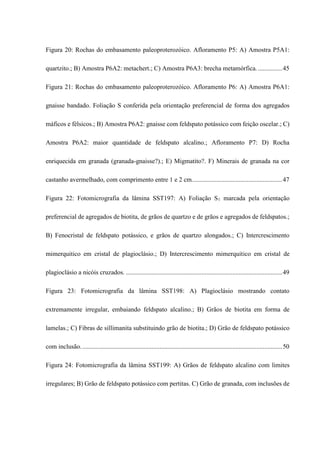 Figura 20: Rochas do embasamento paleoproterozóico. Afloramento P5: A) Amostra P5A1:
quartzito.; B) Amostra P6A2: metachert.; C) Amostra P6A3: brecha metamórfica. ...............45
Figura 21: Rochas do embasamento paleoproterozóico. Afloramento P6: A) Amostra P6A1:
gnaisse bandado. Foliação S conferida pela orientação preferencial de forma dos agregados
máficos e félsicos.; B) Amostra P6A2: gnaisse com feldspato potássico com feição oscelar.; C)
Amostra P6A2: maior quantidade de feldspato alcalino.; Afloramento P7: D) Rocha
enriquecida em granada (granada-gnaisse?).; E) Migmatito?. F) Minerais de granada na cor
castanho avermelhado, com comprimento entre 1 e 2 cm........................................................47
Figura 22: Fotomicrografia da lâmina SST197: A) Foliação S1 marcada pela orientação
preferencial de agregados de biotita, de grãos de quartzo e de grãos e agregados de feldspatos.;
B) Fenocristal de feldspato potássico, e grãos de quartzo alongados.; C) Intercrescimento
mimerquitico em cristal de plagioclásio.; D) Intercrescimento mimerquitico em cristal de
plagioclásio a nicóis cruzados. .................................................................................................49
Figura 23: Fotomicrografia da lâmina SST198: A) Plagioclásio mostrando contato
extremamente irregular, embaiando feldspato alcalino.; B) Grãos de biotita em forma de
lamelas.; C) Fibras de sillimanita substituindo grão de biotita.; D) Grão de feldspato potássico
com inclusão.............................................................................................................................50
Figura 24: Fotomicrografia da lâmina SST199: A) Grãos de feldspato alcalino com limites
irregulares; B) Grão de feldspato potássico com pertitas. C) Grão de granada, com inclusões de
 