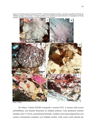 53
Figura 24: Fotomicrografia da lâmina SST199: A) Grãos de feldspato alcalino com limites irregulares; B) Grão de
feldspato potássico com pertitas. C) Grão de granada, com inclusões de mineral alterado.; D) Agregados de biotita
marrom.; E) Sillimanita em fibras.; F) Grão de quartzo com inclusão.;
Fonte: o autor.
Por último, a lâmina SST200 corresponde a amostra P7A2. A amostra exibe textura
porfiroblástica, com bastante fenocristais de feldspato potássico. Estes geralmente mostram
tamanhos entre 7 e 10 mm, ocasionalmente fraturados. Também ocorre muitos plagioclásios com
contatos extremamente irregulares com feldspato alcalino. Pode ocorrer muito alterado por
A B
C D
E F
1 mm 1 mm
1 mm
1 mm
1 mm 1 mm
 