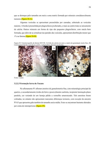 58
que se destaque pelo tamanho em meio a uma matriz formada por minerais consideravelmente
menores (figura 28-A).
Algumas vesículas se apresentam preenchidas por camadas, sobretudo as vesículas
maiores. A borda é preenchida por plagioclásios já alterados, e mais ao centro trata-se unicamente
de calcita. Outros minerais em forma de ripa são pequenos plagioclásios, com macla bem
formada, que além de se cristalizar nas paredes das vesículas, apresentam distribuição menor que
1% na lâmina (figura 28-B).
Figura 28: Fotomicrografia da lâmina SST196: A) Grão de calcita em meio a matriz de granulação muito fina.; B)
Calcita preenchendo vesícula no centro, e plagioclásio alterado nas bordas.
Fonte: o autor.
3.2.2.3 Formação Serra do Tucano
No afloramento P1 afloram arenitos de granulometria fina, com mineralogia principal de
quartzo, e secundariamente óxidos de ferro e possivelmente caulinita, incipiente laminação plano
paralela, cor variando de um laranja pálido a vermelho amarronzado. Três amostras foram
coletadas, no entanto não apresentam marcantes diferenças texturais, com exceção da amostra
P1A3 que apresenta grão também do tamanho areia média. Estes se encontram bastante alterados
por conta do intemperismo (figura 29).
A B
1 mm 1 mm
 