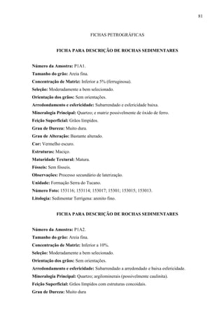 81
FICHAS PETROGRÁFICAS
FICHA PARA DESCRIÇÃO DE ROCHAS SEDIMENTARES
Número da Amostra: P1A1.
Tamanho do grão: Areia fina.
Concentração de Matriz: Inferior a 5% (ferruginosa).
Seleção: Moderadamente a bem selecionado.
Orientação dos grãos: Sem orientações.
Arredondamento e esfericidade: Subarrendado e esfericidade baixa.
Mineralogia Principal: Quartzo; e matriz possivelmente de óxido de ferro.
Feição Superficial: Grãos límpidos.
Grau de Dureza: Muito dura.
Grau de Alteração: Bastante alterado.
Cor: Vermelho escuro.
Estruturas: Maciço.
Maturidade Textural: Matura.
Fósseis: Sem fósseis.
Observações: Processo secundário de laterização.
Unidade: Formação Serra do Tucano.
Número Foto: 153116; 153114; 153017; 15301; 153015; 153013.
Litologia: Sedimentar Terrígena: arenito fino.
FICHA PARA DESCRIÇÃO DE ROCHAS SEDIMENTARES
Número da Amostra: P1A2.
Tamanho do grão: Areia fina.
Concentração de Matriz: Inferior a 10%.
Seleção: Moderadamente a bem selecionado.
Orientação dos grãos: Sem orientações.
Arredondamento e esfericidade: Subarrendado a arredondado e baixa esfericidade.
Mineralogia Principal: Quartzo; argilominerais (possivelmente caulinita).
Feição Superficial: Grãos límpidos com estruturas concoidais.
Grau de Dureza: Muito dura
 