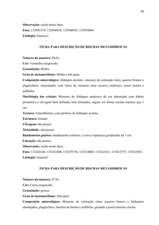 89
Observação: rocha muito dura.
Foto: 132841519; 132848658; 132946943; 132954884.
Litologia: Gnaisse?
FICHA PARA DESCRIÇÃO DE ROCHAS METAMÓRFICAS
Número da amostra: P6A2.
Cor: Vermelho enegrecido.
Granulação: Média.
Grau de metamorfismo: Médio a alto grau.
Composição mineralógica: feldspato alcalino, minerais de coloração clara, quartzo branco e
plagioclásio, intercalados com leitos de minerais mais escuros (máficas), como biotita e
anfibólio.
Morfologia dos cristais: Minerais de feldspato potássico de cor alaranjada com hábito
prismático e clivagem bem definida, bem formados, alguns em forma oscelar maiores que 1
cm.
Textura: Granoblástica, com pórfiros de feldspato acalino.
Estrutura: foliada.
Clivagem: não possui.
Xistosidade: não possui.
Bandamento gnaisse: bandamento contínuo, e com a espessura geralmente de 1 cm.
Lineação: não possui.
Observação: rocha muito dura.
Foto: 133226346; 133241608; 133255756; 133324060; 133422412; 133423375; 133425583.
Litologia: Gnaisse?
FICHA PARA DESCRIÇÃO DE ROCHAS METAMÓRFICAS
Número da amostra: P7A1.
Cor: Cinza enegrecido.
Granulação: grossa.
Grau de metamorfismo: Alto grau.
Composição mineralógica: Minerais de coloração clara, quartzo branco e feldspatos
alaranjados, plagioclásio, lamelas de biotita e anfibólio, granada e possivelmente clorita.
 