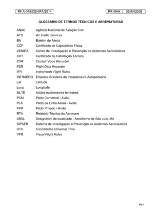 RF A-049/CENIPA/2014 PR-MHK 05MAI2008
5/14
GLOSSÁRIO DE TERMOS TÉCNICOS E ABREVIATURAS
ANAC Agência Nacional de Aviação Civil
ATS Air Traffic Services
BA Boletim de Alerta
CCF Certificado de Capacidade Física
CENIPA Centro de Investigação e Prevenção de Acidentes Aeronáuticos
CHT Certificado de Habilitação Técnica
CVR Cockpit Voice Recorder
FDR Flight Data Recorder
IFR Instruments Flight Rules
INFRAERO Empresa Brasileira de Infraestrutura Aeroportuária
Lat Latitude
Long Longitude
MLTE Aviões multimotores terrestres
PCM Piloto Comercial - Avião
PLA Piloto de Linha Aérea - Avião
PPR Piloto Privado - Avião
RTA Relatório Técnico da Aeronave
SBSL Designativo de localidade - Aeródromo de São Luís, MA
SIPAER Sistema de Investigação e Prevenção de Acidentes Aeronáuticos
UTC Coordinated Universal Time
VFR Visual Flight Rules
 
