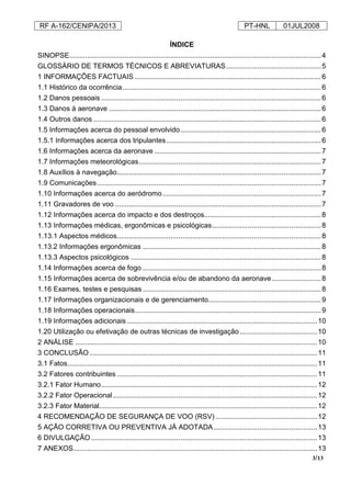 RF A-162/CENIPA/2013 PT-HNL 01JUL2008
3/13
ÍNDICE
SINOPSE...............................................................................................................................4
GLOSSÁRIO DE TERMOS TÉCNICOS E ABREVIATURAS................................................5
1 INFORMAÇÕES FACTUAIS ..............................................................................................6
1.1 Histórico da ocorrência....................................................................................................6
1.2 Danos pessoais ...............................................................................................................6
1.3 Danos à aeronave ...........................................................................................................6
1.4 Outros danos ...................................................................................................................6
1.5 Informações acerca do pessoal envolvido.......................................................................6
1.5.1 Informações acerca dos tripulantes..............................................................................6
1.6 Informações acerca da aeronave ....................................................................................7
1.7 Informações meteorológicas............................................................................................7
1.8 Auxílios à navegação.......................................................................................................7
1.9 Comunicações.................................................................................................................7
1.10 Informações acerca do aeródromo................................................................................7
1.11 Gravadores de voo ........................................................................................................7
1.12 Informações acerca do impacto e dos destroços...........................................................8
1.13 Informações médicas, ergonômicas e psicológicas.......................................................8
1.13.1 Aspectos médicos.......................................................................................................8
1.13.2 Informações ergonômicas ..........................................................................................8
1.13.3 Aspectos psicológicos ................................................................................................8
1.14 Informações acerca de fogo ..........................................................................................8
1.15 Informações acerca de sobrevivência e/ou de abandono da aeronave.........................8
1.16 Exames, testes e pesquisas ..........................................................................................8
1.17 Informações organizacionais e de gerenciamento.........................................................9
1.18 Informações operacionais..............................................................................................9
1.19 Informações adicionais................................................................................................10
1.20 Utilização ou efetivação de outras técnicas de investigação.......................................10
2 ANÁLISE ..........................................................................................................................10
3 CONCLUSÃO...................................................................................................................11
3.1 Fatos..............................................................................................................................11
3.2 Fatores contribuintes .....................................................................................................11
3.2.1 Fator Humano.............................................................................................................12
3.2.2 Fator Operacional.......................................................................................................12
3.2.3 Fator Material..............................................................................................................12
4 RECOMENDAÇÃO DE SEGURANÇA DE VOO (RSV) ...................................................12
5 AÇÃO CORRETIVA OU PREVENTIVA JÁ ADOTADA ....................................................13
6 DIVULGAÇÃO ..................................................................................................................13
7 ANEXOS...........................................................................................................................13
 