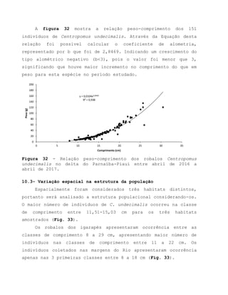 A figura 32 mostra a relação peso-comprimento dos 151
indivíduos de Centropomus undecimalis. Através da Equação desta
relação foi possível calcular o coeficiente de alometria,
representado por b que foi de 2,8469. Indicando um crescimento do
tipo alométrico negativo (b<3), pois o valor foi menor que 3,
significando que houve maior incremento no comprimento do que em
peso para esta espécie no período estudado.
Figura 32 - Relação peso-comprimento dos robalos Centropomus
undecimalis no delta do Parnaíba-Piauí entre abril de 2016 a
abril de 2017.
10.3- Variação espacial na estrutura da população
Espacialmente foram considerados três habitats distintos,
portanto será analisado a estrutura populacional considerando-os.
O maior número de indivíduos de C. undecimalis ocorreu na classe
de comprimento entre 11,51-15,03 cm para os três habitats
amostrados (Fig. 33).
Os robalos dos igarapés apresentaram ocorrência entre as
classes de comprimento 8 a 29 cm, apresentando maior número de
indivíduos nas classes de comprimento entre 11 a 22 cm. Os
indivíduos coletados nas margens do Rio apresentaram ocorrência
apenas nas 3 primeiras classes entre 8 a 18 cm (Fig. 33).
y = 0,0104x2,8469
R² = 0,938
0
20
40
60
80
100
120
140
160
180
200
0 5 10 15 20 25 30 35
Peso(g)
Comprimento (cm)
 