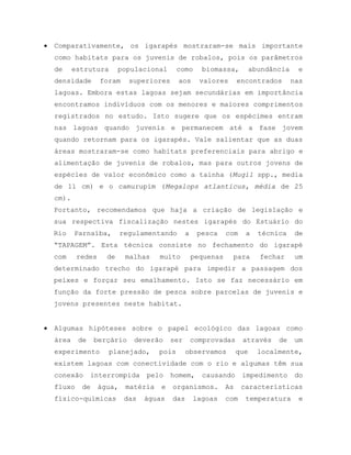  Comparativamente, os igarapés mostraram-se mais importante
como habitats para os juvenis de robalos, pois os parâmetros
de estrutura populacional como biomassa, abundância e
densidade foram superiores aos valores encontrados nas
lagoas. Embora estas lagoas sejam secundárias em importância
encontramos indivíduos com os menores e maiores comprimentos
registrados no estudo. Isto sugere que os espécimes entram
nas lagoas quando juvenis e permanecem até a fase jovem
quando retornam para os igarapés. Vale salientar que as duas
áreas mostraram-se como habitats preferenciais para abrigo e
alimentação de juvenis de robalos, mas para outros jovens de
espécies de valor econômico como a tainha (Mugil spp., media
de 11 cm) e o camurupim (Megalops atlanticus, média de 25
cm).
Portanto, recomendamos que haja a criação de legislação e
sua respectiva fiscalização nestes igarapés do Estuário do
Rio Parnaíba, regulamentando a pesca com a técnica de
“TAPAGEM”. Esta técnica consiste no fechamento do igarapé
com redes de malhas muito pequenas para fechar um
determinado trecho do igarapé para impedir a passagem dos
peixes e forçar seu emalhamento. Isto se faz necessário em
função da forte pressão de pesca sobre parcelas de juvenis e
jovens presentes neste habitat.
 Algumas hipóteses sobre o papel ecológico das lagoas como
área de berçário deverão ser comprovadas através de um
experimento planejado, pois observamos que localmente,
existem lagoas com conectividade com o rio e algumas têm sua
conexão interrompida pelo homem, causando impedimento do
fluxo de água, matéria e organismos. As características
físico-químicas das águas das lagoas com temperatura e
 