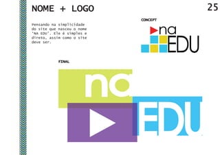 NOME + LOGO                           25
                            CONCEPT
Pensando na simplicidade
do site que nasceu o nome
‘NA EDU’. Ele é simples e
direto, assim como o site
deve ser.




            FINAL
 