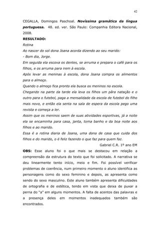 42


CEGALLA, Domingos Paschoal. Novíssima gramática da língua
portuguesa.      48. ed. ver. São Paulo: Companhia Editora Nacional,
2008.
RESULTADO:
Rotina
Ao nascer do sol dona Joana acorda dizendo ao seu marido:
- Bom dia, Jorge.
Em seguida ela escova os dentes, se arruma e prepara o café para os
filhos, e os arruma para irem à escola.
Após levar as meninas à escola, dona Joana compra os alimentos
para o almoço.
Quando o almoço fica pronto ela busca os meninos no escola.
Chegando na parte da tarde ela leva os filhos um pâra natação e o
outro para o futebol, paga a mensalidade da escola de futebol do filho
mais novo, e então ela senta na sala de espera da escola pego uma
revista e começa a ler.
Assim que os meninos saem de suas atividades esportivas, já a noite
ela se encaminha para casa, janta, toma banho e da boa noite aos
filhos e ao marido.
Essa é a rotina diaria de Joana, uma dona de casa que cuida dos
filhos e do marido, o é feliz fazendo o que faz para quem faz.
                                               Gabriel C.R. 1º ano EM
OBS: Esse aluno foi o que mais se destacou em relação a
compreensão da estrutura do texto que foi solicitado. A narrativa se
deu linearmente tento início, meio e fim. Foi possível verificar
problemas de coerência, num primeiro momento o aluno identifica as
personagens como do sexo feminino e depois, as apresenta como
sendo do sexo masculino. Este aluno também apresenta dificuldades
de ortografia e de estética, tendo em vista que deixa de puxar a
perna do “a” em alguns momentos. A falta de acentos das palavras e
a   presença     deles   em   momentos    inadequados   também    são
encontrados.
 