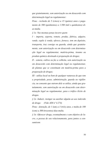 50
que gratuitamente, sem autorização ou em desacordo com
determinação legal ou regulamentar:
Pena - reclusão de 5 (cinco) a 15 (quinze) anos e paga-
mento de 500 (quinhentos) a 1.500 (mil e quinhentos) di-
as-multa.
§ 1o Nas mesmas penas incorre quem:
I - importa, exporta, remete, produz, fabrica, adquire,
vende, expõe à venda, oferece, fornece, tem em depósito,
transporta, traz consigo ou guarda, ainda que gratuita-
mente, sem autorização ou em desacordo com determina-
ção legal ou regulamentar, matéria-prima, insumo ou
produto químico destinado à preparação de drogas;
II - semeia, cultiva ou faz a colheita, sem autorização ou
em desacordo com determinação legal ou regulamentar,
de plantas que se constituam em matéria-prima para a
preparação de drogas;
III - utiliza local ou bem de qualquer natureza de que tem
a propriedade, posse, administração, guarda ou vigilân-
cia, ou consente que outrem dele se utilize, ainda que gra-
tuitamente, sem autorização ou em desacordo com deter-
minação legal ou regulamentar, para o tráfico ilícito de
drogas.
§ 2o Induzir, instigar ou auxiliar alguém ao uso indevido
de droga: (Vide ADI nº 4.274)
Pena - detenção, de 1 (um) a 3 (três) anos, e multa de 100
(cem) a 300 (trezentos) dias-multa.
§ 3o Oferecer droga, eventualmente e sem objetivo de lu-
cro, a pessoa de seu relacionamento, para juntos a con-
sumirem:
 