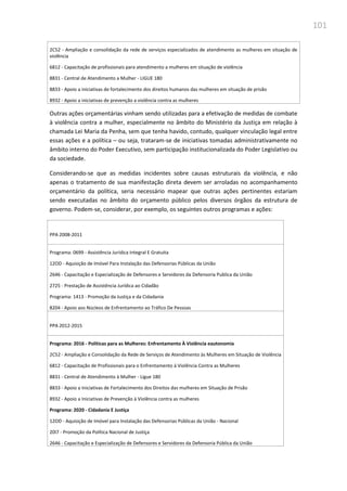 101
2C52 - Ampliação e consolidação da rede de serviços especializados de atendimento as mulheres em situação de
violência
6812 - Capacitação de profissionais para atendimento a mulheres em situação de violência
8831 - Central de Atendimento a Mulher - LIGUE 180
8833 - Apoio a iniciativas de fortalecimento dos direitos humanos das mulheres em situação de prisão
8932 - Apoio a iniciativas de prevenção a violência contra as mulheres
Outras ações orçamentárias vinham sendo utilizadas para a efetivação de medidas de combate
à violência contra a mulher, especialmente no âmbito do Ministério da Justiça em relação à
chamada Lei Maria da Penha, sem que tenha havido, contudo, qualquer vinculação legal entre
essas ações e a política – ou seja, trataram-se de iniciativas tomadas administrativamente no
âmbito interno do Poder Executivo, sem participação institucionalizada do Poder Legislativo ou
da sociedade.
Considerando-se que as medidas incidentes sobre causas estruturais da violência, e não
apenas o tratamento de sua manifestação direta devem ser arroladas no acompanhamento
orçamentário da política, seria necessário mapear que outras ações pertinentes estariam
sendo executadas no âmbito do orçamento público pelos diversos órgãos da estrutura de
governo. Podem-se, considerar, por exemplo, os seguintes outros programas e ações:
PPA 2008-2011
Programa: 0699 - Assistência Jurídica Integral E Gratuita
12OD - Aquisição de Imóvel Para Instalação das Defensorias Públicas da União
2646 - Capacitação e Especialização de Defensores e Servidores da Defensoria Publica da União
2725 - Prestação de Assistência Jurídica ao Cidadão
Programa: 1413 - Promoção da Justiça e da Cidadania
8204 - Apoio aos Núcleos de Enfrentamento ao Tráfico De Pessoas
PPA 2012-2015
Programa: 2016 - Políticas para as Mulheres: Enfrentamento À Violência eautonomia
2C52 - Ampliação e Consolidação da Rede de Serviços de Atendimento às Mulheres em Situação de Violência
6812 - Capacitação de Profissionais para o Enfrentamento à Violência Contra as Mulheres
8831 - Central de Atendimento à Mulher - Ligue 180
8833 - Apoio a Iniciativas de Fortalecimento dos Direitos das mulheres em Situação de Prisão
8932 - Apoio a Iniciativas de Prevenção à Violência contra as mulheres
Programa: 2020 - Cidadania E Justiça
12OD - Aquisição de Imóvel para Instalação das Defensorias Públicas da União - Nacional
20I7 - Promoção da Política Nacional de Justiça
2646 - Capacitação e Especialização de Defensores e Servidores da Defensoria Pública da União
 