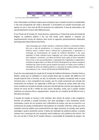 163
Processos 2008 2009 2010 2011
Total 3085 19208 34686 51555
Fonte:CPMI da Violência Contra a Mulher/TJAL (2012)
Estas informações contribuem apenas para comprovar que o Juizado encontra-se assoberbado
e não está conseguindo dar vazão à demanda. É inconcebível um juizado funcionando com
apenas um juiz e com mais de 48 mil processos em andamento. A taxa de setenciados é de
aproximadamente 13 para cada 1000 processos.
O Juiz Titular do 4º Juizado, Dr. Paulo Zacarias, representou o Tribunal de Justiça do Estado de
Alagoas na audiência pública e fez sua fala tendo como objetivo a resposta aos
questionamentos iniciais da relatoria, bem como os seguintes questionamentos elaborados
pela Deputada Federal Marina Sant’Anna:
“Qual articulação que o Poder Judiciário, a Defensoria Pública e o Ministério Público
têm com a rede de atendimento, e o conjunto da rede instalada para atender à
violência contra a mulher? Como o tribunal faz o planejamento, a supervisão e a
orientação do funcionamento do Juizado de Violência Doméstica e das varas
adaptada? O Poder Judiciário busca integração com outros órgãos governamentais
para implantar e promover a Lei Maria da Penha? Quais ações já foram realizadas?
Como se dá, e com que periodicidade, a capacitação dos magistrados e magistradas e
servidores em geral sobre a Lei Maria da Penha? Ainda gostaria de reiterar a pergunta
realizada hoje, ainda na visita, que diz respeito aos prazos, em média, entre o pedido, a
solicitação da vítima de medida protetiva e a execução da medida protetiva, quando
autorizada por V. Exa..” Ata da 19ª Reunião da CPMIVCM (2012)
O juiz fez uma explanação da criação do 4º Juizado de Violência Doméstica e Familiar Contra a
Mulher, sendo que na realidade é o único Juizado deste tipo no estado. Até 2008 era o 4º
Juizado Especial Cível e Criminal, um dos 12 existentes na Capital, transpondo todo o corpo
funcional para a nova competência do Juizado, que foi criado justamente por pressão dos
movimentos de mulheres. Foi registrado à CPMI que o Tribunal de Justiça ainda não criou
novos Juizados em virtude do elevado custo para manutenção dos mesmos que segundo o juiz
estaria em torno de R$ 1 milhão de reais anuais. Ressaltou, ainda, que o juizado recebeu
melhorias na estrutura física e equipamentos através de um convênio de R$ 300 mil com o
Ministério da Justiça.
A equipe do juizado se resume a três analistas, dois oficiais de justiça e dois estagiários.
Durante um período o juizado funcionou com duas psicólogas e duas assistentes sociais
contratadas a partir de um convênio com o Ministério da Justiça, mas que se encerrou e as
profissionais da equipe multidisciplinar não puderam ser mantidas. Informou, ainda, que seria
realizado concurso público para preenchimento de vagas exclusivas no juizado, para quatro
psicólogas e quatro assistentes sociais. A época da realização da audiência pública, o juizado
contava com a presença de uma assistente social cedida por uma prefeitura do interior. Por
fim, em sua fala o Titular do 4º Juizado reforçou a necessidade de ampliação da equipe e da
 