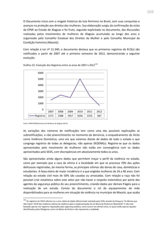 169
O Documento inicia com o resgate histórico da luta feminina no Brasil, com suas conquistas e
avanços na proteção aos direitos das mulheres. Sua elaboração surgiu da confirmação da visita
da CPMI ao Estado de Alagoas e foi fruto, segundo explicitado no documento, das discussões
realizadas pelos movimentos de mulheres de Alagoas acumulado ao longo dos anos e
organizado pelo Conselho Estadual dos Direitos da Mulher e pelo Conselho Municipal da
Condição Feminina (Maceió).
Com relação à Lei nº 11.340, o documento destaca que os primeiros registros de B.O(s) são
notificados a partir de 2007 até o primeiro semestre de 2012, demonstrando a seguinte
evolução:
Gráfico 32: Evolução dos Registros entre os anos de 2007 a 2012
110
Fonte: CPMIVCM/Movimento de Mulheres de Alagoas (2012)
As variações dos números de notificações tem como uma das possíveis explicações as
subnotificações, o não preenchimento no momento da denúncia, o enquadramento do ilícito
como Violência Doméstica, uma vez que estamos diante de dados de todo o estado e que
congrega registros de todas as delegacias, não apenas DEDDM(s). Registre-se que os dados
apresentados pelo movimento de mulheres não estão em convergência com os dados
apresentados pela SEDS, com discrepâncias em absolutamente todos os anos.
São apresentadas ainda alguns dados que permitem traçar o perfil da violência no estado,
como por exemplo que a casa da vítima é a localidade em que se processa 70% das ações
delituosas registradas, da mesma forma, as principais vítimas são donas de casa, domésticas e
estudantes. A faixa etária de maior incidência é a que engloba mulheres de 26 a 40 anos. Com
relação ao estado civil mais de 50% são casadas ou amasiadas. Com relação a raça não foi
possível criar estatística sobre este vetor por não haver o respeito sistemático por parte dos
agentes da segurança pública do seu preenchimento, criando dados por demais frágeis para a
realização de um estudo. Consta do documento o rol de equipamentos da rede
disponibilizados para as mulheres em situação de violência no município de Maceió, que acaba
110
Os registros de 2010 referem-se a uma coleta de dados diferenciada realizada pela UFAL através da Pesquisa “As Marias que
não Calam: Perfil das mulheres vítimas de violência após a implementação da Lei Maria da Penha em Maceió/Al” e não está
baseada apenas nos registros repassados pela segurança pública, como ocorre nos demais anos, os quais estão apenas aqueles
identificados pelas Delegacias como Lei Maria da Penha e não representa a realidade.
2007 2008 2009 2010 2011 2012
Registros 1571 2388 1957 5036 2255 687
0
1000
2000
3000
4000
5000
6000
 