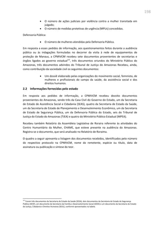 198
 O número de ações judiciais por violência contra a mulher transitada em
julgado;
 O número de medidas protetivas de urgência (MPUs) concedidas.
Defensoria Pública:
 O número de mulheres atendidas pela Defensoria Pública.
Em resposta a esses pedidos de informação, aos questionamentos feitos durante a audiência
pública ou às indagações formuladas no decorrer da visita à rede de equipamentos de
proteção de Manaus, a CPMIVCM recebeu sete documentos provenientes de secretarias e
órgãos ligados ao governo estadual121
, três documentos oriundos do Ministério Público do
Amazonas, três documentos advindos do Tribunal de Justiça do Amazonas Recebeu, ainda,
como contribuição da sociedade civil os seguintes documentos:
 Um dossiê elaborado pelas organizações do movimento social, feminista, de
mulheres e profissionais do campo da saúde, da assistência social e dos
direitos humanos.
2.2 Informações fornecidas pelo estado
Em resposta aos pedidos de informação, a CPMIVCM recebeu dezoito documentos
provenientes do Amazonas, sendo três da Casa Civil do Governo do Estado, um da Secretaria
de Estado de Assistência Social e Cidadania (SEAS), quatro da Secretaria de Estado da Saúde,
um da Secretaria de Estado de Planejamento e Desenvolvimento Econômico, um da Secretaria
de Estado de Segurança Pública, um da Defensoria Pública do Estado, seis do Tribunal de
Justiça do Estado do Amazonas (TJEA) e quatro do Ministério Público Estadual (MPEA).
Recebeu também Relatório da Assembleia Legislativa de Roraira referente às atividades do
Centro Humanitário da Mulher, CHAME, que esteve presente na audiência do Amazonas.
Registra-se o documento, que será analisado no Relatório de Roraima.
O quadro a seguir apresenta a listagem dos documentos recebidos, identificados pelo número
do respectivo protocolo na CPMIVCM, nome do remetente, espécie ou título, data de
assinatura ou publicação e síntese do teor.
121
Foram três documentos da Secretaria de Estado da Saúde (SESA), dois documentos da Secretaria de Estado da Segurança
Pública (SESP), um documento da Secretaria da Família e Desenvolvimento Social (SEDS) e um documento da Secretaria de Estado
da Justiça, Cidadania e Direitos Humanos (SEJU), conforme apresentados na tabela.
 