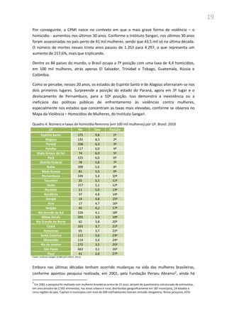 19
Por conseguinte, a CPMI nasce no contexto em que a mais grave forma de violência – o
homicídio - aumentou nos últimos 30 anos. Conforme o Instituto Sangari, nos últimos 30 anos
foram assassinadas no país perto de 91 mil mulheres, sendo que 43,5 mil só na última década.
O número de mortes nesses trinta anos passou de 1.353 para 4.297, o que representa um
aumento de 217,6%, mais que triplicando.
Dentre os 84 países do mundo, o Brasil ocupa a 7ª posição com uma taxa de 4,4 homicídios,
em 100 mil mulheres, atrás apenas El Salvador, Trinidad e Tobago, Guatemala, Rússia e
Colômbia.
Como se percebe, nesses 20 anos, os estados do Espírito Santo e de Alagoas alternaram-se nos
dois primeiros lugares. Surpreende a posição do estado do Paraná, agora em 3º lugar e o
deslocamento de Pernambuco, para a 10ª posição. Isso demonstra a inexistência ou a
ineficácia das políticas públicas de enfrentamento às violências contra mulheres,
especialmente nos estados que concentram as taxas mais elevadas, conforme se observa no
Mapa da Violência – Homicídios de Mulheres, do Instituto Sangari.
Quadro 4: Número e taxas de homicídio feminino (em 100 mil mulheres) por UF. Brasil. 2010
UF No Taxa Posição
Espírito Santo 175 9,8 1º
Alagoas 135 8,3 2º
Paraná 338 6,3 3º
Paraíba 117 6,0 4º
Mato Grosso do Sul 74 6,0 5º
Pará 225 6,0 6º
Distrito Federal 78 5,8 7º
Bahia 399 5,6 8º
Mato Grosso 81 5,5 9º
Pernambuco 249 5,4 10º
Tocantins 35 5,1 11º
Goiás 157 5,1 12º
Roraima 11 5,0 13º
Rondônia 37 4,8 14º
Amapá 16 4,8 15º
Acre 17 4,7 16º
Sergipe 45 4,2 17º
Rio Grande do Sul 226 4,1 18º
Minas Gerais 393 3,9 19º
Rio Grande do Norte 62 3,8 20º
Ceará 165 3,7 21º
Amazonas 65 3,7 22º
Santa Catarina 112 3,6 23º
Maranhão 114 3,4 24º
Rio de Janeiro 272 3,2 25º
São Paulo 663 3,1 26º
Piauí 41 2,6 27º
Fonte: Instituto Sangari (CABELA/FLASCO, 2012)
Embora nas últimas décadas tenham ocorrido mudanças na vida das mulheres brasileiras,
conforme apontou pesquisa realizada, em 2001, pela Fundação Perseu Abramo2, ainda há
2
Em 2001 a pesquisa foi realizada com mulheres brasileiras acima de 15 anos, através de questionário estruturado de entrevistas,
em uma amostra de 2.502 entrevistas, nas áreas urbana e rural, distribuídas geograficamente em 187 municípios, 24 estados e
cinco regiões do país. Capitais e municípios com mais de 500 mil/habitantes tiveram inclusão obrigatória. Nesta pesquisa, 65%
 