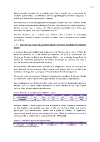 206
Essa informação contrasta com a recebida pela CPMI na reunião com o movimento de
mulheres que denunciou a inexistência de políticas especificas para as mulheres indígenas e a
violência no parto sofrida pelas mulheres indígenas.
Como se percebe, apesar das ações desenvolvidas pela Secretaria de Saúde persiste a dúvida
sobre a abrangência das capacitações específicas para o atendimento das mulheres indígenas.
Embora mencione que as realize, não informa quantas capacitações foram feitas, que
municípios abrangidos, qual a população beneficiada, etc.
Por fim, ressalte-se que a Secretaria não informou sobre o número de notificações
compulsórias da violência doméstica e sexual no estado, que nos impede de tecer maiores
comentários.
2.2.3 Secretaria de Estado de Assistência Social e Cidadania do Estado do Amazonas
(SEAS)
A Secretaria de Assistência Social através do documento Planejamento das Ações do Pacto do
Estado do Amazonas 2012-2014 informa que implantou, em 2007, a Coordenadoria dos
Serviços de Atenção em Defesa dos Direitos da Mulher, com o objetivo de coordenar os
serviços de atendimento especializado às mulheres em situação de violência, bem como a
articulação de uma rede de atendimento estadual.
No documento, a Secretaria informa a existência de delegacias da mulher nos municípios de
Coari, Eirunepé, Humaitá, Itacoatiara, Lábrea, Manacapuru, Manaus, Parintins, São Gabriel da
Cachoeira, Tabatinga, Tefé e um Núcleo de Atendimento em Presidente Figueiredo.
No entanto, conforme apurou esta CPMI estas delegacias, com exceção da de Manaus, não são
de atendimento exclusivo das mulheres, pois atendem crianças, idosos e adolescentes.
Com relação aos serviços de atendimento à mulher, informa o Serviço de Apoio Emergencial à
Mulher – SEPEM, o Centro Estadual de Referência e Apoio à Mulher, a Casa abrigo. Nesses
serviços foram feitos os seguintes atendimentos.
Quadro 70: Serviço de Apoio Emergencial À Mulher – Sapem
2007 2008 2009 2010 2011 TOTAL
ATENDIMENTOS 320 3.215 5.901 5.698 5.610 20.744
ABRIGADAS 28 121 128 151 137 565
Fonte: Secretaria de Assistência Social e Cidadania /2012
O Sapem apresenta números significativos de atendimentos, temos a média de atendimento
de 2008 de 267,91 mulheres/mês, teve o pico em 2009 com 491,75 e em 2011 a taxa caiu um
pouco para 467,5 mulheres/mês. Mesmo com a queda os números são expressivos,
demonstrando grande procura pelo equipamento. Com relação ao abrigamento, o serviço
manteve média de 11,16 mulheres abrigadas/mês entre 2008 e 2011.
Quadro 71: Casa Abrigo Antonia Nascimento Priante
2007 2008 2009 2010 2011 TOTAL
ABRIGADAS 17 87 89 89 102 384
Fonte: Secretaria de Assistência Social e Cidadania /2012
 