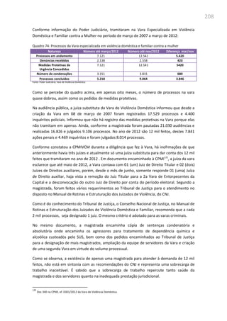208
Conforme informação do Poder Judiciário, tramitaram na Vara Especializada em Violência
Doméstica e Familiar contra a Mulher no período de março de 2007 a março de 2012:
Quadro 74: Processos da Vara especializada em violência doméstica e familiar contra a mulher
Natureza Número até março/2012 Número até nov/2012 Diferença mar/nov
Processos em andamento 7.121 12.541 5.420
Denúncias recebidas 2.138 2.558 420
Medidas Protetivas de
Urgência Concedidas
7.121 12.541 5420
Número de condenações 3.151 3.831 680
Processos concluídos 5.218 9.064 3.846
Fonte: Poder Judiciário, Vara de Violência Doméstica
Como se percebe do quadro acima, em apenas oito meses, o número de processos na vara
quase dobrou, assim como os pedidos de medidas protetivas.
Na audiência pública, a juíza substituta da Vara de Violência Doméstica informou que desde a
criação da Vara em 08 de março de 2007 foram registrados 17.529 processos e 4.400
inquéritos policiais. Informou que não há registro das medidas protetivas na Vara porque elas
não tramitam em apenso. Ainda, conforme a magistrada foram pautadas 21.030 audiências e
realizadas 16.826 e julgados 9.106 processos. No ano de 2012 são 12 mil feitos, destes 7.841
ações penais e 4.469 inquéritos e foram julgados 8.014 processos.
Conforme constatou a CPMIVCM durante a diligência que fez à Vara, há inofrmações de que
anteriormente havia três juízes e atualmente só uma juíza substituta para dar conta dos 12 mil
feitos que tramitaram no ano de 2012 . Em documento encaminhado à CPMI125
, a juíza da vara
esclarece que até maio de 2012, a Vara contava com 01 (um) Juiz de Direito Titular e 02 (dois)
Juizes de Direitos auxiliares, porém, desde o mês de junho, somente responde 01 (uma) Juíza
de Direito auxiliar, haja vista a remoção do Juiz Titular para a 2a Vara de Entorpecentes da
Capital e a desconvocação do outro Juiz de Direito por conta do período eleitoral. Segundo a
magistrada, foram feitos vários requerimentos ao Tribunal de Justiça para o atendimento no
disposto no Manual de Rotinas e Estruturação dos Juizados de Violência, do CNJ.
Como é do conhecimento do Tribunal de Justiça, o Conselho Nacional de Justiça, no Manual de
Rotinas e Estruturação dos Juizados de Violência Doméstica e Familiar, recomenda que a cada
2 mil processos, seja designado 1 juiz. O mesmo critério é adotado para as varas criminais.
No mesmo documento, a magistrada encaminha cópia de sentenças condenatória e
absolutória onde encaminha os agressores para tratamento de dependência química e
alcoólica custeados pelo SUS, bem como dos pedidos encaminhados ao Tribunal de Justiça
para a designação de mais magistrados, ampliação da equipe de servidores da Vara e criação
de uma segunda Vara em virtude do volume processual.
Como se observa, a existência de apenas uma magistrada para atender à demanda de 12 mil
feitos, não está em sintonia com as recomendações do CNJ e representa uma sobrecarga de
trabalho inaceitável. É sabido que a sobrecarga de trabalho repercute tanto saúde da
magistrada e dos servidores quanto na inadequada prestação jurisdicional.
125
Doc 340 na CPMI, of. 0301/2012 da Vara de Violência Doméstica.
 