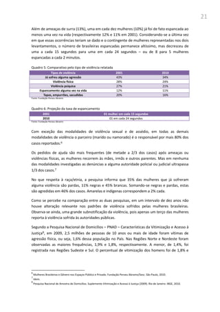 21
Além de ameaças de surra (13%), uma em cada dez mulheres (10%) já foi de fato espancada ao
menos uma vez na vida (respectivamente 12% e 11% em 2001). Considerando-se a última vez
em que essas ocorrências teriam se dado e o contingente de mulheres representadas nos dois
levantamentos, o número de brasileiras espancadas permanece altíssimo, mas decresceu de
uma a cada 15 segundos para uma em cada 24 segundos – ou de 8 para 5 mulheres
espancadas a cada 2 minutos.
Quadro 5: Comparativo pelo tipo de violência relatada
Tipos de violência 2001 2010
Já sofreu alguma agressão 43% 34%
Violência física 28% 24%
Violência psíquica 27% 21%
Espancamento alguma vez na vida 12% 11%
Tapas, empurrões, sacudidas 20% 16%
Fonte: Fundação Perseu Abramo
Quadro 6: Projeção da taxa de espancamento
2001 01 mulher em cada 15 segundos
2010 01 em cada 24 segundos
Fonte: Fundação Perseu Abramo
Com exceção das modalidades de violência sexual e de assédio, em todas as demais
modalidades de violência o parceiro (marido ou namorado) é o responsável por mais 80% dos
casos reportados.6
Os pedidos de ajuda são mais frequentes (de metade a 2/3 dos casos) após ameaças ou
violências físicas, as mulheres recorrem às mães, irmãs e outros parentes. Mas em nenhuma
das modalidades investigadas as denúncias a alguma autoridade policial ou judicial ultrapassa
1/3 dos casos.7
No que respeita à raça/etnia, a pesquisa informa que 35% das mulheres que já sofreram
alguma violência são pardas, 11% negras e 45% brancas. Somando-se negras e pardas, estas
são agredidas em 46% dos casos. Amarelas e indígenas correspondem a 2% cada.
Como se percebe na comparação entre as duas pesquisas, em um intervalo de dez anos não
houve alteração relevante nos padrões de violência sofridos pelas mulheres brasileiras.
Observa-se ainda, uma grande subnotificação da violência, pois apenas um terço das mulheres
reporta à violência sofrida às autoridades públicas.
Segundo a Pesquisa Nacional de Domicílios – PNAD – Características da Vitimização e Acesso à
Justiça8, em 2009, 2,5 milhões de pessoas de 10 anos ou mais de idade foram vítimas de
agressão física, ou seja, 1,6% dessa população no País. Nas Regiões Norte e Nordeste foram
observadas as maiores frequências, 1,9% e 1,8%, respectivamente. A menor, de 1,4%, foi
registrada nas Regiões Sudeste e Sul. O percentual de vitimização dos homens foi de 1,8% e
6
Mulheres Brasileiras e Gênero nos Espaços Público e Privado. Fundação Perseu Abramo/Sesc. São Paulo, 2010.
7
Idem.
8
Pesquisa Nacional de Amostra de Domicílios. Suplemento Vitimização e Acesso à Justiça (2009). Rio de Janeiro: IBGE, 2010.
 