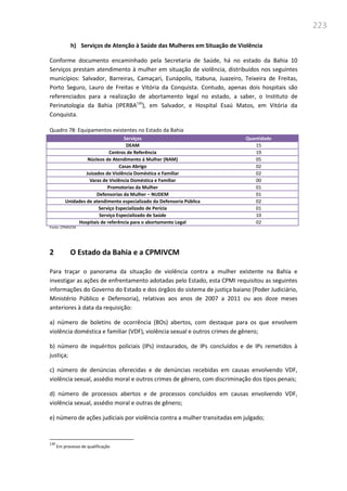 223
h) Serviços de Atenção à Saúde das Mulheres em Situação de Violência
Conforme documento encaminhado pela Secretaria de Saúde, há no estado da Bahia 10
Serviços prestam atendimento à mulher em situação de violência, distribuídos nos seguintes
municípios: Salvador, Barreiras, Camaçari, Eunápolis, Itabuna, Juazeiro, Teixeira de Freitas,
Porto Seguro, Lauro de Freitas e Vitória da Conquista. Contudo, apenas dois hospitais são
referenciados para a realização de abortamento legal no estado, a saber, o Instituto de
Perinatologia da Bahia (IPERBA130
), em Salvador, e Hospital Esaú Matos, em Vitória da
Conquista.
Quadro 78: Equipamentos existentes no Estado da Bahia
Serviços Quantidade
DEAM 15
Centros de Referência 19
Núcleos de Atendimento á Mulher (NAM) 05
Casas Abrigo 02
Juizados de Violência Doméstica e Familiar 02
Varas de Violência Doméstica e Familiar 00
Promotorias da Mulher 01
Defensorias da Mulher – NUDEM 01
Unidades de atendimento especializado da Defensoria Pública 02
Serviço Especializado de Perícia 01
Serviço Especializado de Saúde 10
Hospitais de referência para o abortamento Legal 02
Fonte: CPMIVCM
2 O Estado da Bahia e a CPMIVCM
Para traçar o panorama da situação de violência contra a mulher existente na Bahia e
investigar as ações de enfrentamento adotadas pelo Estado, esta CPMI requisitou as seguintes
informações do Governo do Estado e dos órgãos do sistema de justiça baiano (Poder Judiciário,
Ministério Público e Defensoria), relativas aos anos de 2007 a 2011 ou aos doze meses
anteriores à data da requisição:
a) número de boletins de ocorrência (BOs) abertos, com destaque para os que envolvem
violência doméstica e familiar (VDF), violência sexual e outros crimes de gênero;
b) número de inquéritos policiais (IPs) instaurados, de IPs concluídos e de IPs remetidos à
justiça;
c) número de denúncias oferecidas e de denúncias recebidas em causas envolvendo VDF,
violência sexual, assédio moral e outros crimes de gênero, com discriminação dos tipos penais;
d) número de processos abertos e de processos concluídos em causas envolvendo VDF,
violência sexual, assédio moral e outras de gênero;
e) número de ações judiciais por violência contra a mulher transitadas em julgado;
130
Em processo de qualificação
 
