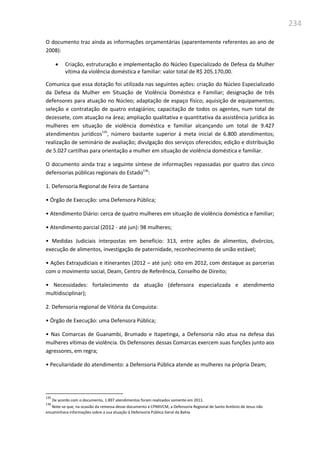 234
O documento traz ainda as informações orçamentárias (aparentemente referentes ao ano de
2008):
 Criação, estruturação e implementação do Núcleo Especializado de Defesa da Mulher
vítima da violência doméstica e familiar: valor total de R$ 205.170,00.
Comunica que essa dotação foi utilizada nas seguintes ações: criação do Núcleo Especializado
da Defesa da Mulher em Situação de Violência Doméstica e Familiar; designação de três
defensores para atuação no Núcleo; adaptação de espaço físico; aquisição de equipamentos;
seleção e contratação de quatro estagiários; capacitação de todos os agentes, num total de
dezessete, com atuação na área; ampliação qualitativa e quantitativa da assistência jurídica às
mulheres em situação de violência doméstica e familiar alcançando um total de 9.427
atendimentos jurídicos135
, número bastante superior à meta inicial de 6.800 atendimentos;
realização de seminário de avaliação; divulgação dos serviços oferecidos; edição e distribuição
de 5.027 cartilhas para orientação a mulher em situação de violência doméstica e familiar.
O documento ainda traz a seguinte síntese de informações repassadas por quatro das cinco
defensorias públicas regionais do Estado136
:
1. Defensoria Regional de Feira de Santana
• Órgão de Execução: uma Defensora Pública;
• Atendimento Diário: cerca de quatro mulheres em situação de violência doméstica e familiar;
• Atendimento parcial (2012 - até jun): 98 mulheres;
• Medidas Judiciais interpostas em benefício: 313, entre ações de alimentos, divórcios,
execução de alimentos, investigação de paternidade, reconhecimento de união estável;
• Ações Extrajudiciais e itinerantes (2012 – até jun): oito em 2012, com destaque as parcerias
com o movimento social, Deam, Centro de Referência, Conselho de Direito;
• Necessidades: fortalecimento da atuação (defensora especializada e atendimento
multidisciplinar);
2. Defensoria regional de Vitória da Conquista:
• Órgão de Execução: uma Defensora Pública;
• Nas Comarcas de Guanambi, Brumado e Itapetinga, a Defensoria não atua na defesa das
mulheres vítimas de violência. Os Defensores dessas Comarcas exercem suas funções junto aos
agressores, em regra;
• Peculiaridade do atendimento: a Defensoria Pública atende as mulheres na própria Deam;
135
De acordo com o documento, 1.897 atendimentos foram realizados somente em 2011.
136
Note-se que, na ocasião da remessa desse documento à CPMIVCM, a Defensoria Regional de Santo Antônio de Jesus não
encaminhara informações sobre a sua atuação à Defensoria Pública Geral da Bahia.
 