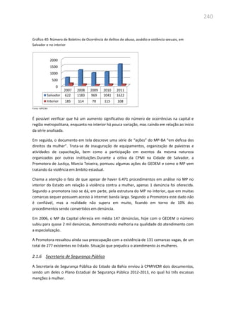 240
Gráfico 40: Número de Boletins de Ocorrência de delitos de abuso, assédio e violência sexuais, em
Salvador e no interior
Fonte: MPE/BA
É possível verificar que há um aumento significativo do número de ocorrências na capital e
região metropolitana, enquanto no interior há pouca variação, mas caindo em relação ao início
da série analisada.
Em seguida, o documento em tela descreve uma série de “ações” do MP-BA “em defesa dos
direitos da mulher”. Trata-se de inauguração de equipamentos, organização de palestras e
atividades de capacitação, bem como a participação em eventos da mesma natureza
organizados por outras instituições.Durante a oitiva da CPMI na Cidade de Salvador, a
Promotora de Justiça, Marcia Teixeira, pontuou algumas ações do GEDEM e como o MP vem
tratando da violência em âmbito estadual.
Chama a atenção o fato de que apesar de haver 6.471 procedimentos em análise no MP no
interior do Estado em relação à violência contra a mulher, apenas 1 denúncia foi oferecida.
Segundo a promotora isso se dá, em parte, pela estrutura do MP no interior, que em muitas
comarcas sequer possuem acesso à internet banda larga. Segundo a Promotora este dado não
é confiável, mas a realidade não supera em muito, ficando em torno de 10% dos
procedimentos sendo convertidos em denúncia.
Em 2006, o MP da Capital oferecia em média 147 denúncias, hoje com o GEDEM o número
subiu para quase 2 mil denúncias, demonstrando melhoria na qualidade do atendimento com
a especialização.
A Promotora ressaltou ainda sua preocupação com a existência de 131 comarcas vagas, de um
total de 277 existentes no Estado. Situação que prejudica o atendimento ás mulheres.
2.1.6 Secretaria de Segurança Pública
A Secretaria de Segurança Pública do Estado da Bahia enviou à CPMIVCM dois documentos,
sendo um deles o Plano Estadual de Segurança Pública 2012-2013, no qual há três escassas
menções à mulher.
0
500
1000
1500
2000
2007 2008 2009 2010 2011
Salvador 622 1183 969 1041 1622
Interior 185 114 70 115 108
 